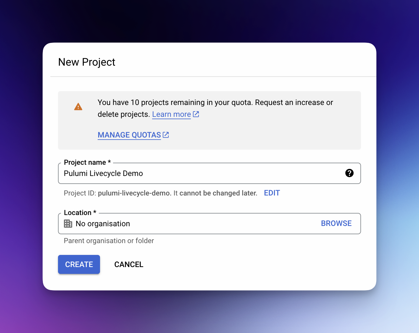 Google Cloud New Project Modal