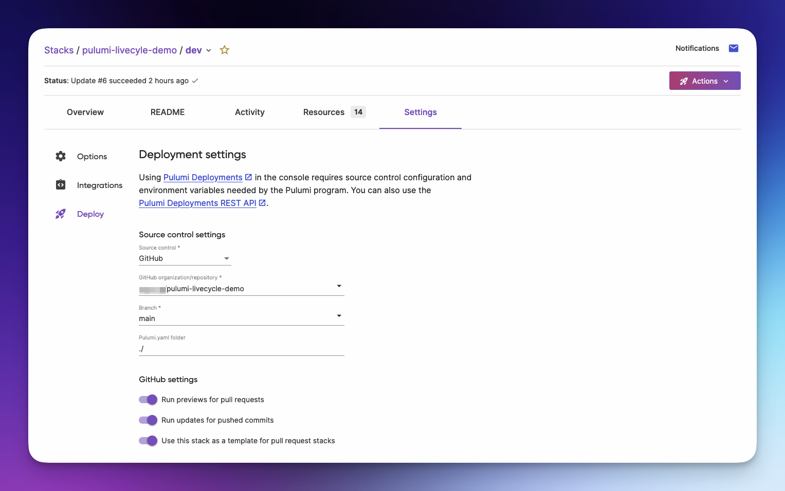 Pulumi Dashboard Project Settings