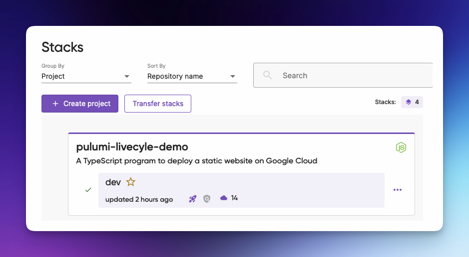 Pulumi Dashboard with our project listed