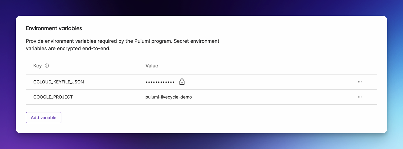 Pulumi Environment Variable settings